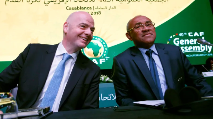 FIFA vice president Ahmad Ahmad of Madagascar, right, and FIFA president Gianni Infantino attend the opening of the Confederation of African Football general assembly in Casablanca, Morocco. On Thursday, Ahmad was detained and questioned by French authori