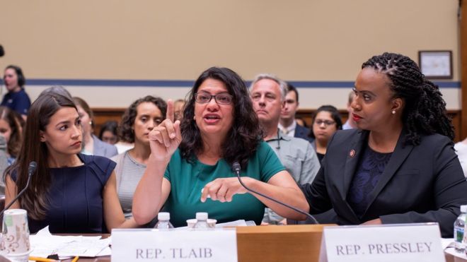 EPA / Rashida Tlaib (centre), who responded by calling Trump 'a lawless and complete failure of a president', with Alexandria Ocasio-Cortez (left) and Ayanna Pressley (right)