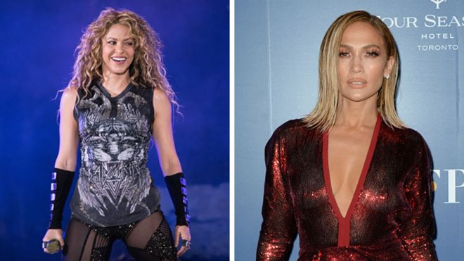 GETTY IMAGES / Pop superstars Shakira (left) and Jennifer Lopez (right) have sold millions of records featuring English and Spanish lyrics