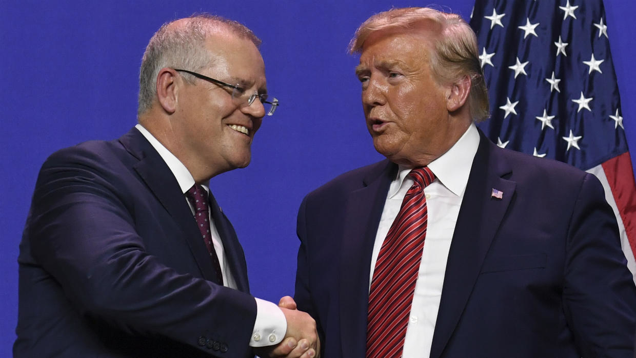 Saul Loeb, AFP | US President Donald Trump and Australian Prime Minister Scott Morrison shake hands during a visit to Pratt Industries plant opening in Wapakoneta, Ohio on September 22, 2019.