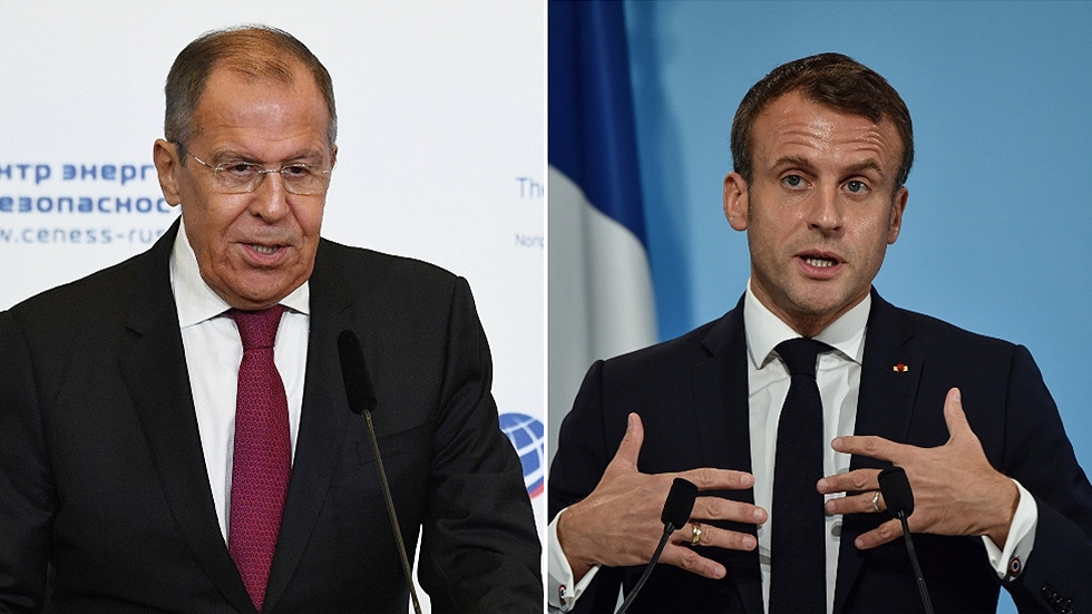 Sergey Lavrov and Emmanuel Macron. © (L) Sputnik / Grigory Sysoyev; (R) Reuters / Hector Retamal
