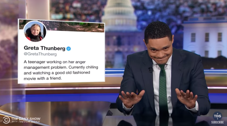 Greta Thunberg’s response to President Trump’s trolling impressed Trevor Noah on “The Daily Show.”Credit...Comedy Central