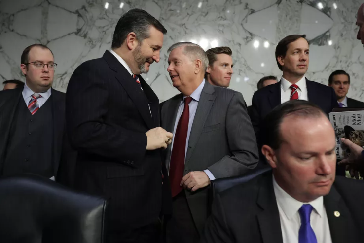 Sens. Ted Cruz and Lindsey Graham, two Trump allies, speak during the confirmation hearing of Attorney General Bill Barr. Chip Somodevilla/Getty Images