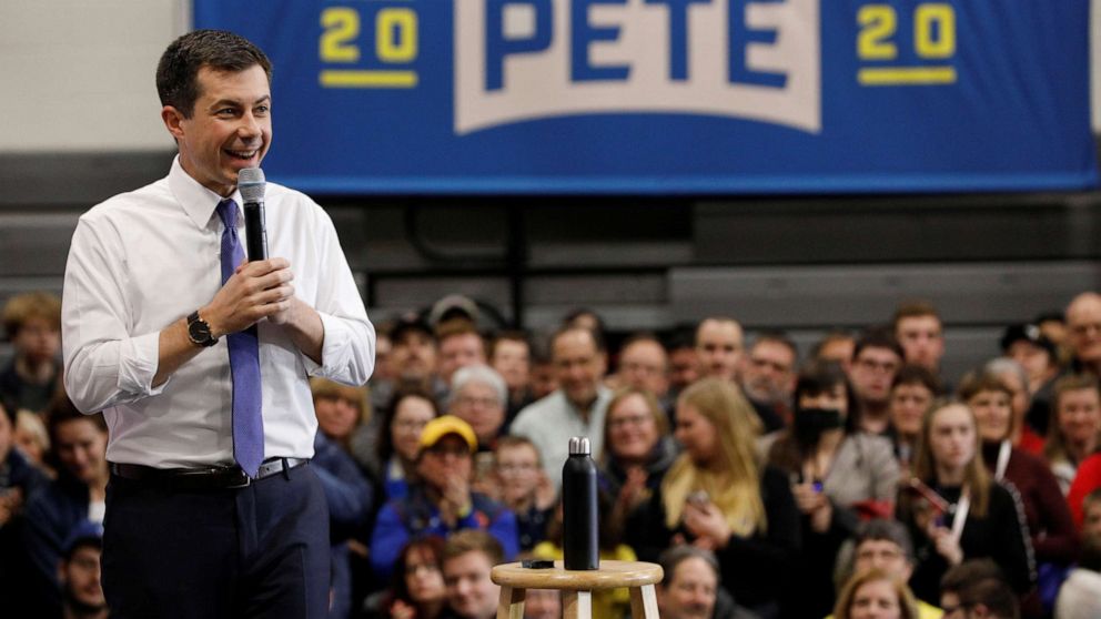 Democratic 2020 U.S. presidential candidate Pete Buttigieg speaks at a campaign town hall event at Salem High School in Salem, N.H., Feb. 9, 2020.Democratic 2020 U.S. presidential candidate Pete Buttigieg speaks at a campaign town hall event at Salem High