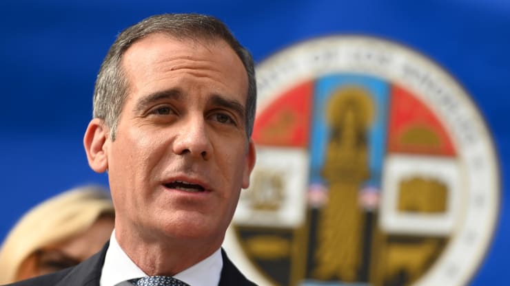 Los Angeles Mayor Eric Garcetti speaks at a Los Angeles County Health Department press conference on the novel coronavirus, (COVID-19)on March 4, 2020 in Los Angeles, California. Robyn Beck | AFP | Getty Images
