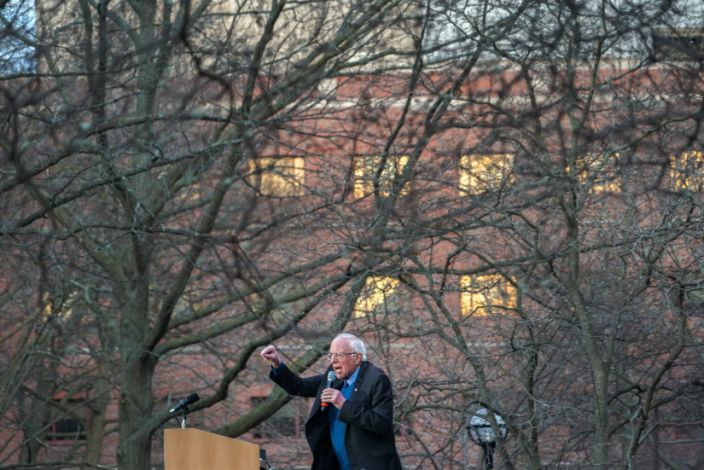 Sen. Bernie Sanders (I-Vt.), a candidate for the Democratic nomination for president, speaks during a campaign event at the University of Michigan in Ann Arbor on Tuesday, March 10, 2020. (Chang W. Lee/The New York Times)