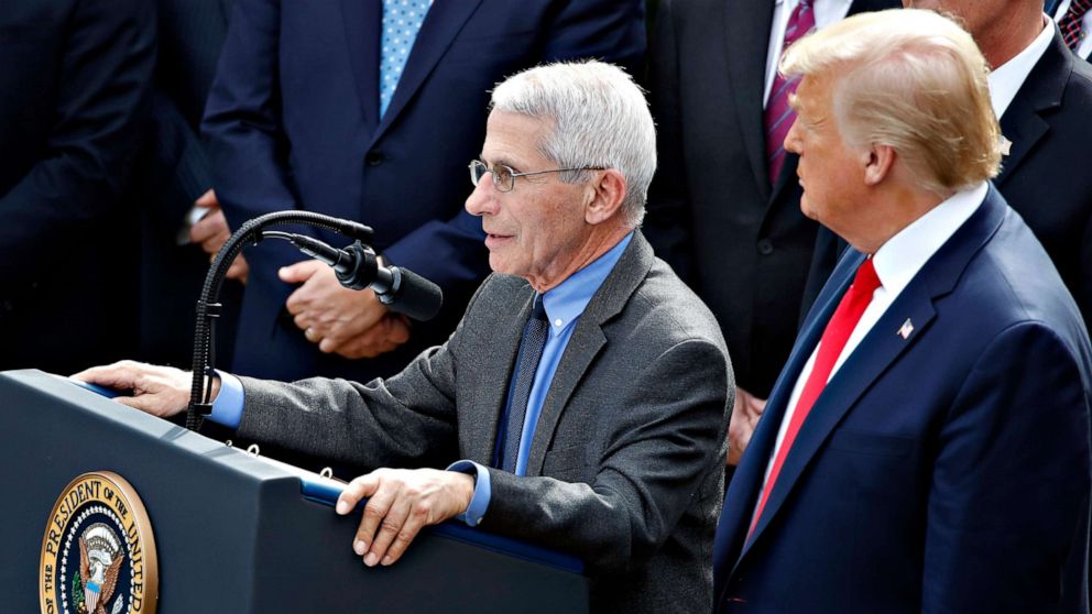 Dr. Anthony Fauci, director of the National Institute of Allergy and Infectious Diseases, speaks as President Donald Trump listens during a news conference about the coronavirus in the Rose Garden at the White House, March 13, 2020, in Washington.Dr. Anth