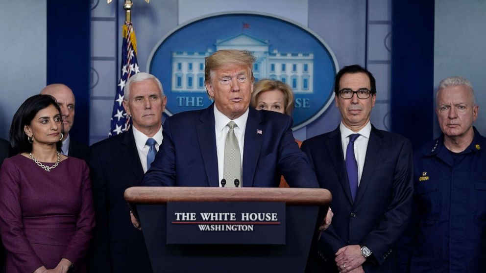 President Donald Trump, joined by members of the Coronavirus Task Force, speaks about the coronavirus in the press briefing room at the White House, March 17, 2020.President Donald Trump, joined by members of the Coronavirus Task Force, speaks about the c