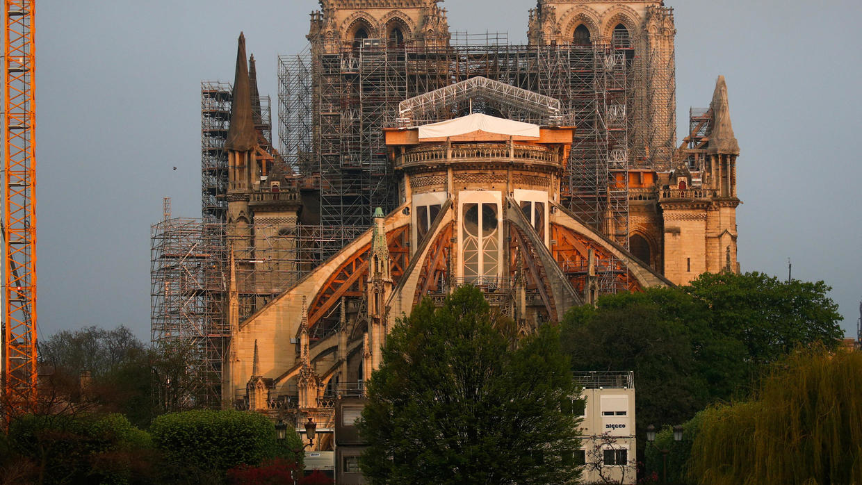 A view shows the restoration work at Paris’s Notre-Dame Cathedral, which was damaged in a devastating fire almost one year ago, ahead of Easter celebrations to be held under a lockdown to slow the spread of the coronavirus in France, April 7, 2020. © Gonz