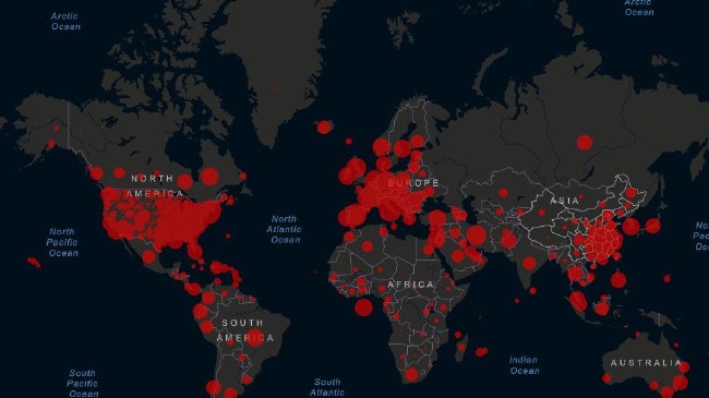 World cases of coronavirus. Picture: John Hopkins UniversitySource:Supplied