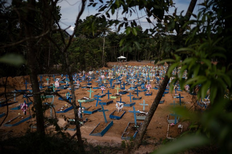 Graves of people who died in the past 30 days fill a new section of the Nossa Senhora Aparecida cemetery in Manaus, Brazil, on May 11, 2020. The new section was opened last month to cope with a sudden surge in deaths. Felipe Dana—AP