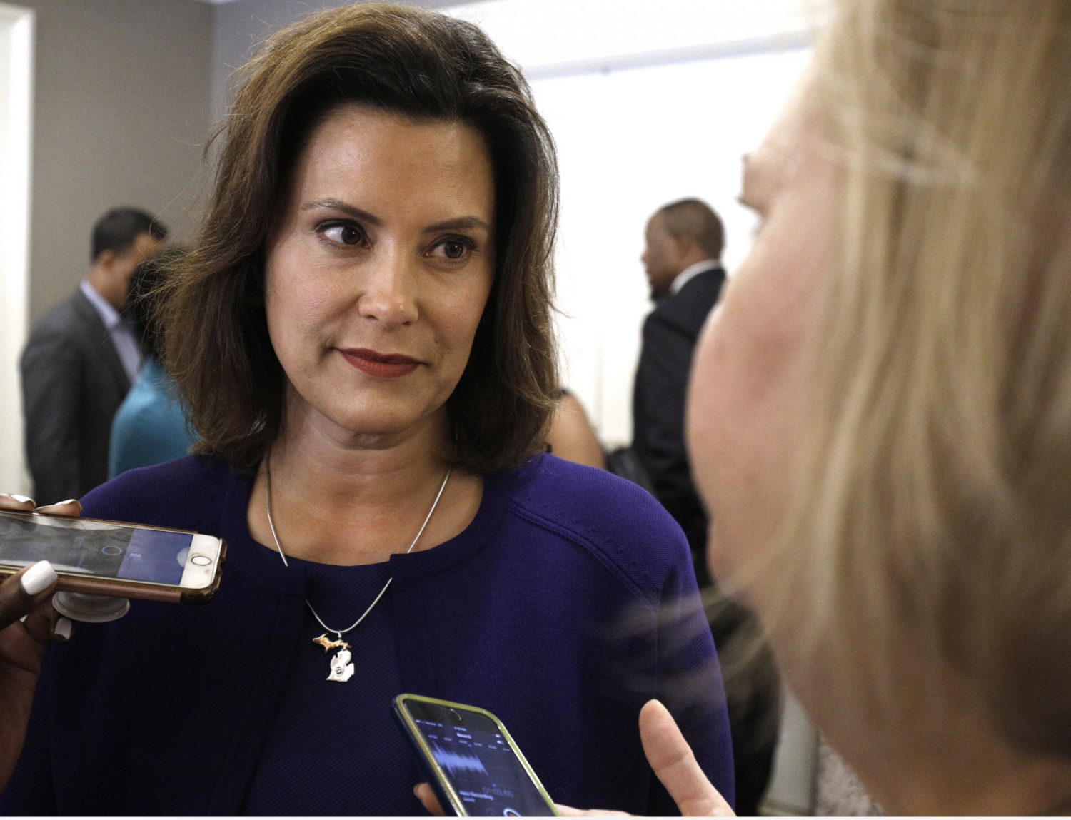 Gretchen Whitmer, then-Michigan Democratic gubernatorial nominee, speaks with reporters after a Democrat Unity Rally at the Westin Book Cadillac Hotel August 8, 2018 in Detroit, Michigan. Now governor of Michigan, Whitmer is facing widespread backlash aga