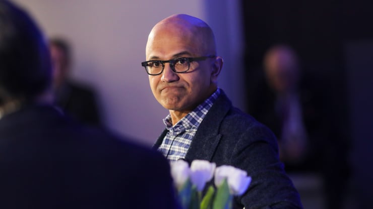Satya Nadella, chief executive officer of Microsoft Corp., pauses during a Bloomberg event on the opening day of the World Economic Forum (WEF) in Davos, Switzerland, on Tuesday, Jan. 21, 2020. Simon Dawson | Bloomberg | Getty Images