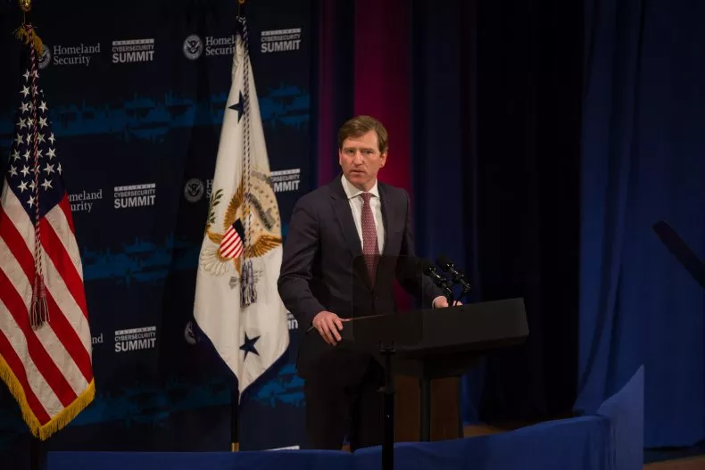 Chris Krebs speaks during the Department of Homeland Security's Cybersecurity Summit on July 31, 2018 in New York City. Democrats have condemned his firing by President Donald Trump. KEVIN HAGEN/GETTY IMAGES