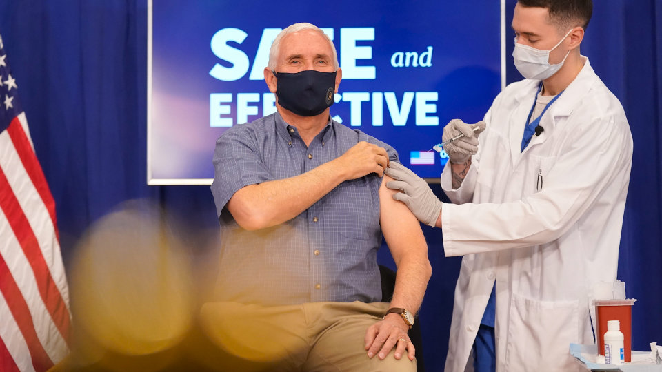 ne In a televised event Friday, Vice President Mike Pence was administered the Pfizer-BioNTech Covid-19 vaccine. Second lady Karen Pence and Surgeon General Jerome Adams also received the vaccine. Photo: Andrew Harnik/Associated Press