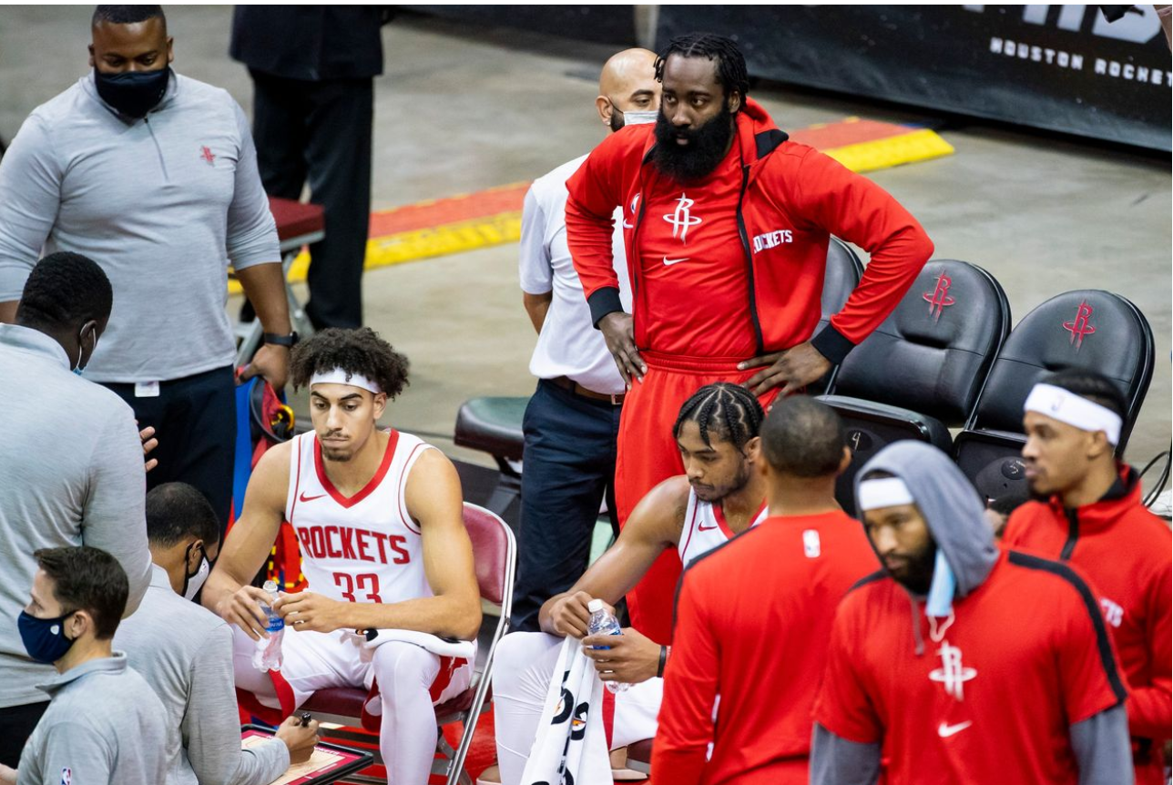 Houston Rockets guard James Harden, top center, joins the huddle during a preseason game on Dec. 17. PHOTO: MARK MULLIGAN/ASSOCIATED PRESS