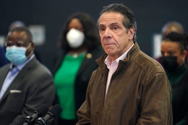 New York Gov. Andrew Cuomo speaks during a news conference at a COVID-19 vaccination site in the Brooklyn borough of New York, Monday, Feb. 22, 2021.