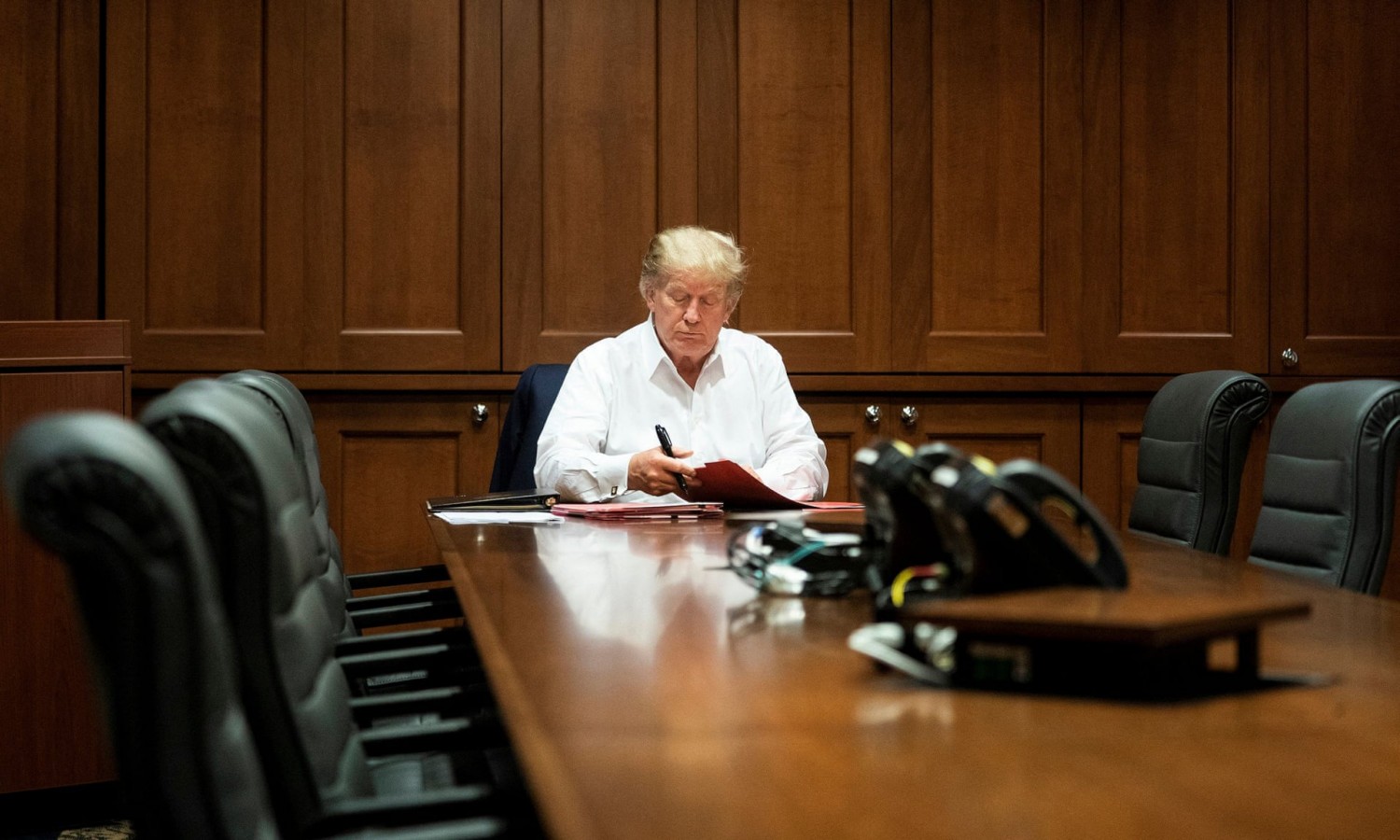 Donald Trump on 4 October 2020. Photograph: Joyce N Boghosian/The White House/AFP/Getty Imag