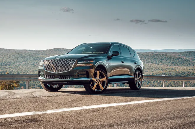 A handout photo from automaker Genesis shows the 2021 GV80. Genesis confirmed that Tiger Woods was driving the Genesis GV80 SUV when he crashed in the L.A. area: "Genesis was saddened to learn that Tiger Woods had been in an accident in a GV80.