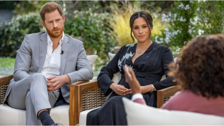 Prince Harry and Meghan, Duchess of Sussex, are interviewed by Oprah Winfrey in an interview broadcast Sunday night. (Harpo Productions/Joe Pugliese/Reuters)