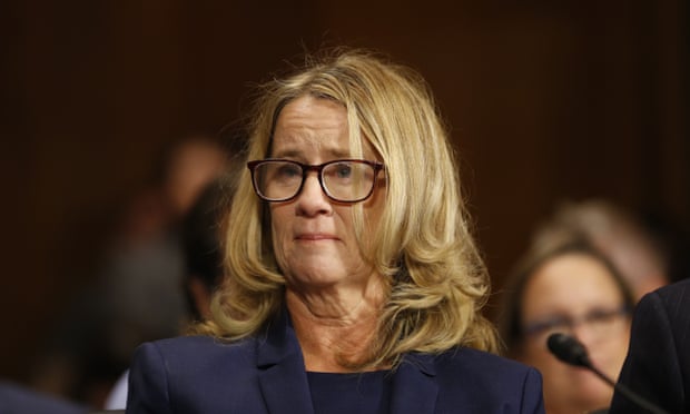 Christine Blasey Ford at the Senate judiciary committee hearing, where Republicans could not hide the dire spectacle of 11 white men sitting in judgment. Photograph: Michael Reynolds/EPA