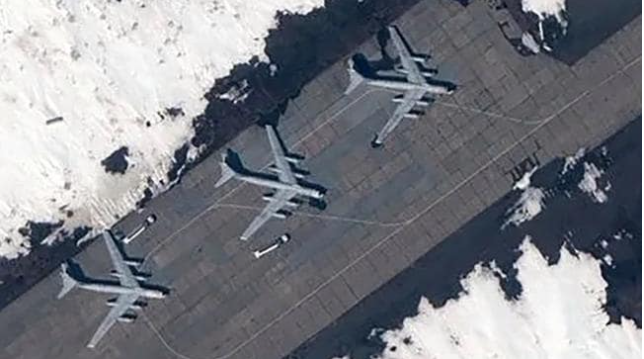 Russian bombers seen at a beefed up air base in the country's far east close to Alaska. Pictures: Maxar Technologies.Source:Supplied