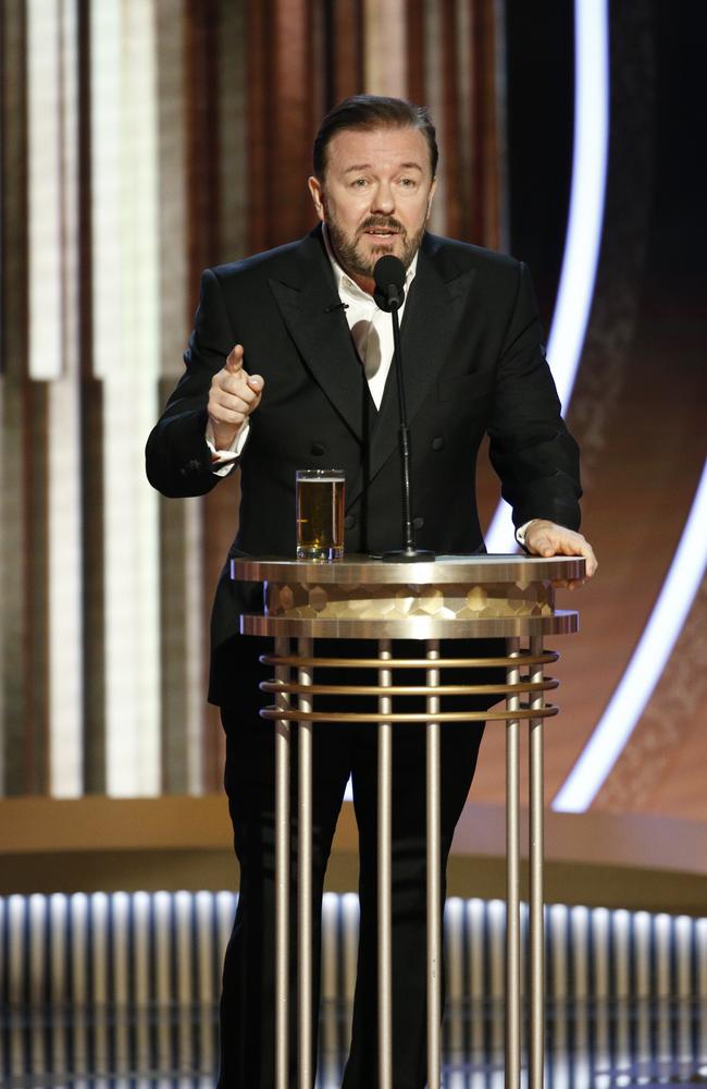 Ricky Gervais hosted the 2020 Golden Globes – his fifth time emceeing the event. Picture: Paul Drinkwater/NBCUniversal Media, LLC via Getty Images