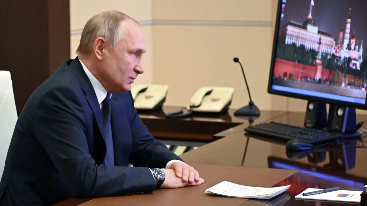 Russian President Vladimir Putin chairs a meeting with members of the Security Council via teleconference call at the Novo-Ogaryovo state residence outside Moscow. Picture: Andrey Gorshkov / Sputnik / AFP