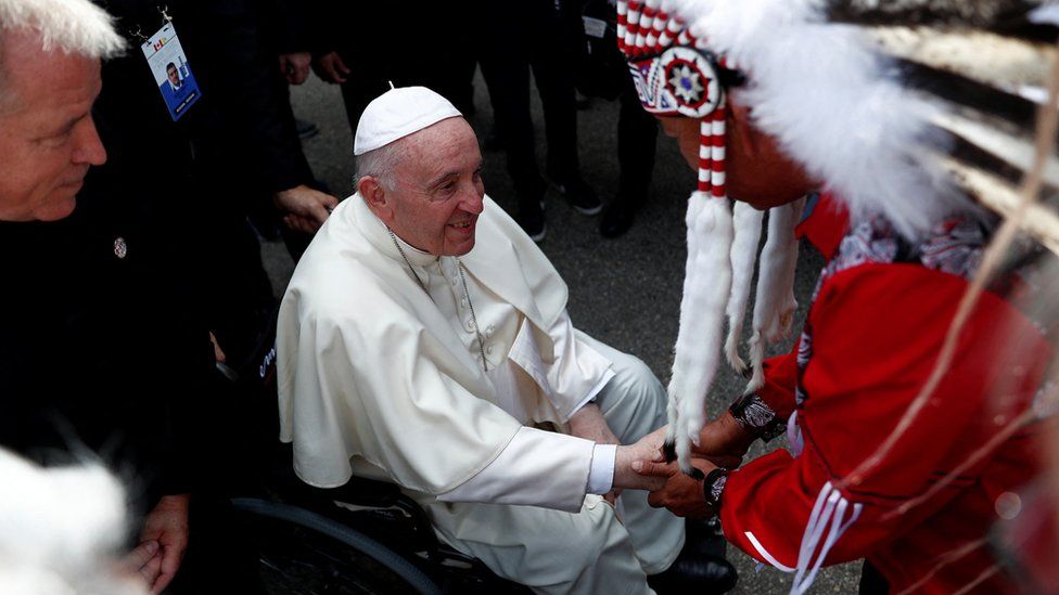 Pope Francis is welcomed after arriving at Edmonton International Airport, near Edmonton, Alberta, Canada, 24 July 2022IMAGE SOURCE,REUTERS