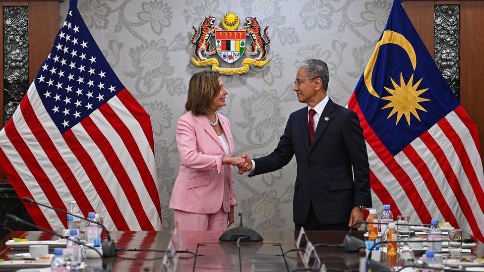 EPA / These is no confirmation yet that Mrs Pelosi - seen here in Malaysia with her counterpart Azhar Azizan Harun - will visit Taiwan