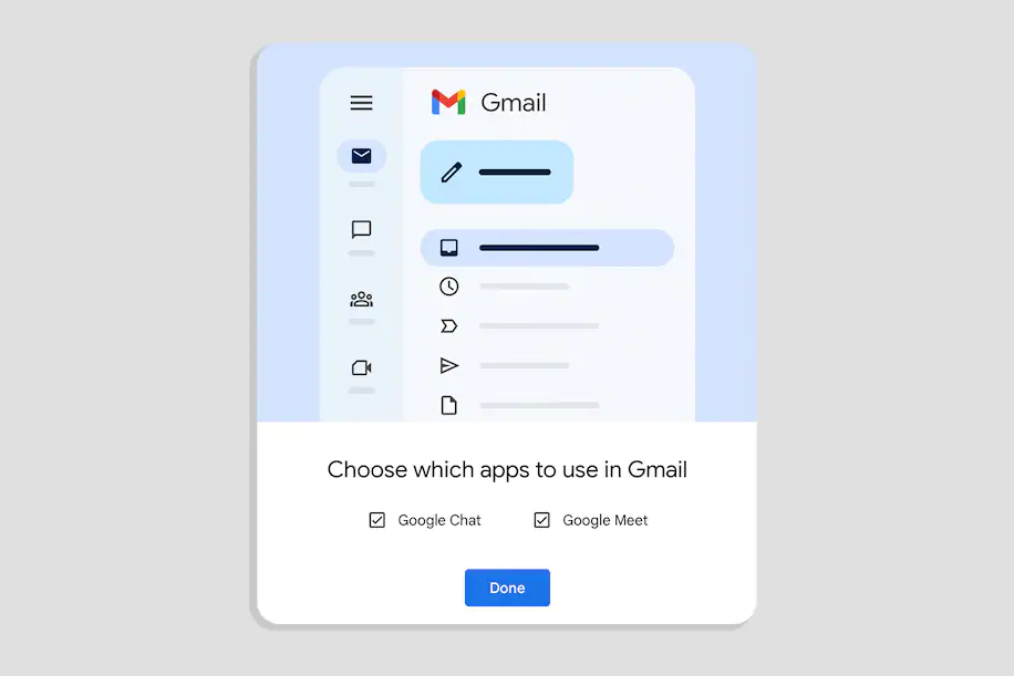 To get Chat and Meet in the left-hand menu, go to Settings in a browser and choose “Apps in Gmail,” then “Customize.” (The Washington Post illustration; Tatum Hunter/The Washington Post)