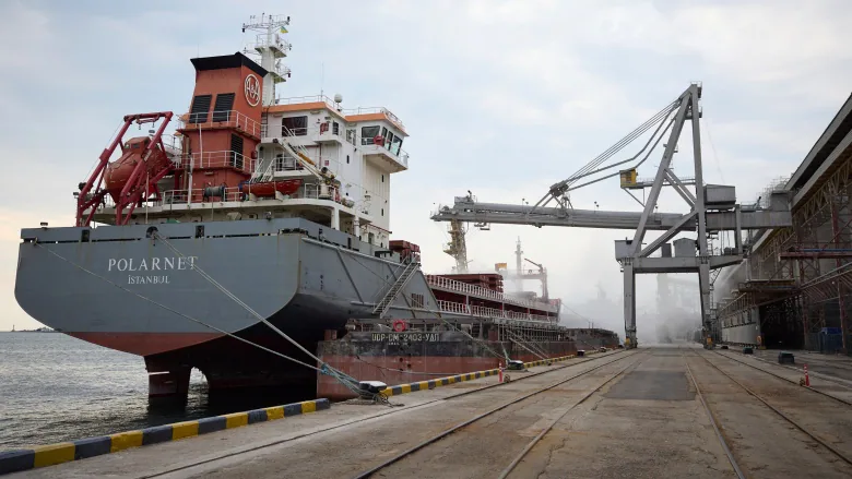 A Turkish Polarnet cargo ship is loading Ukrainian grain in a port in Odesa region, Ukraine, on Friday. (Ukrainian Presidential Press Office/The Associated Press)
