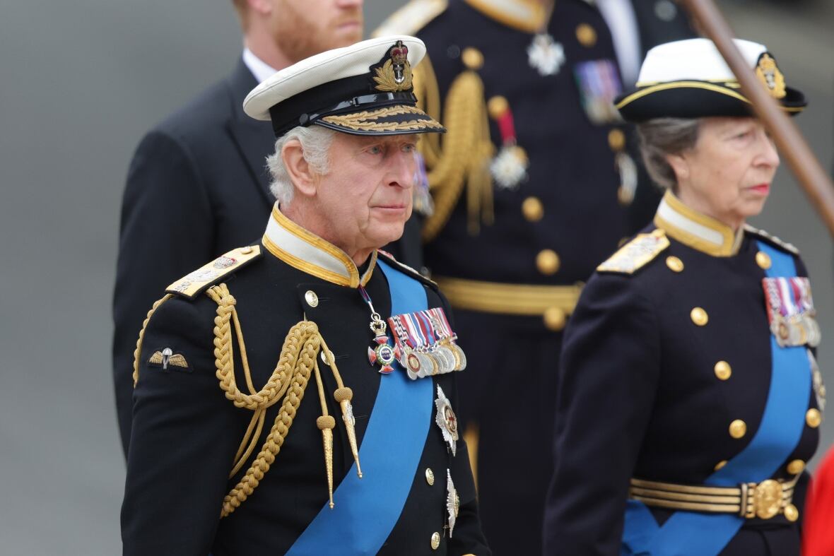 King Charles III and Anne, Princess Royal arrive at Westminster Abbey for the state funeral of Queen Elizabeth II on Monday. (Chris Jackson/Getty Images)