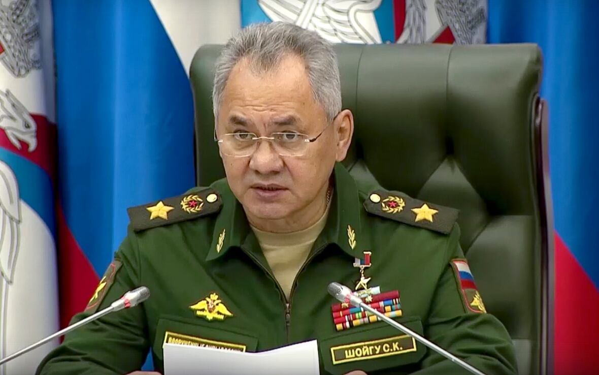 Russian Defense Minister Sergei Shoigu speaks in televised remarks in Moscow on Wednesday. (Russian Defense Ministry Press Service/The Associated Press)