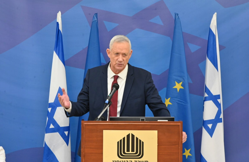 Defense Minister Benny Gantz addresses EU member-state Ambassadors in Israel, October 19, 2022 (photo credit: ARIEL HERMONI/DEFENSE MINISTRY) Advertisement