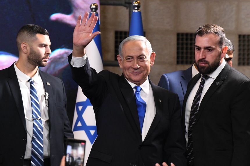 Benjamin Netanyahu, center, is likely to form one of the most right-wing and religious governing coalitions in Israel’s history. PHOTO: JINI/ZUMA PRESS