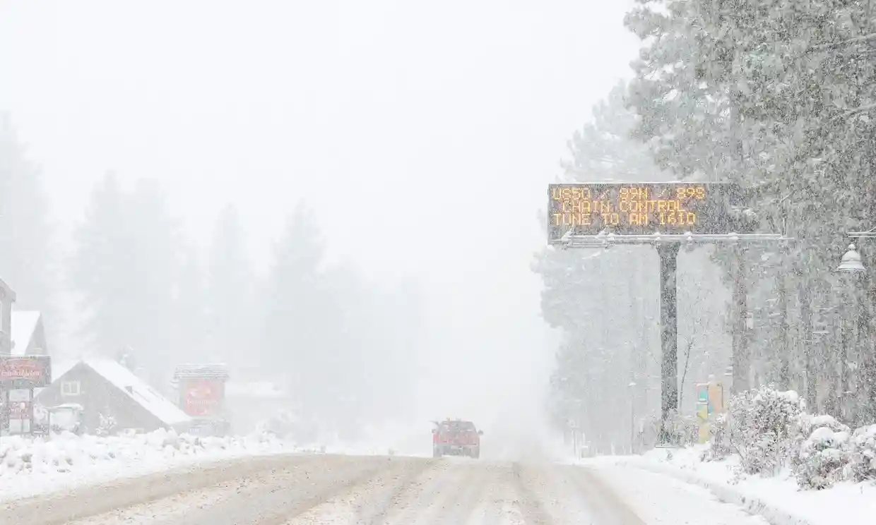 Snow blanked south Lake Tahoe in California. Photograph: Anadolu Agency/Getty Images