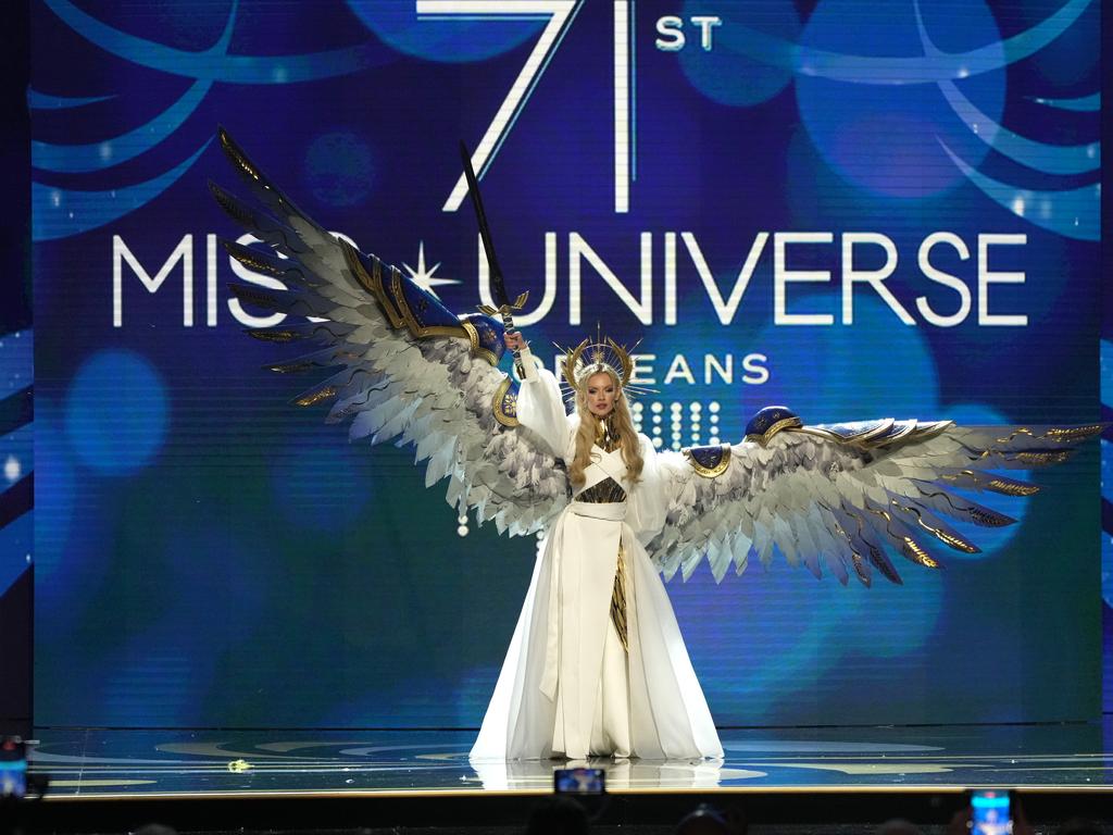 Miss Ukraine Viktoria Apanasenko dressed as the ‘Warrior of Light’. Picture: Josh Brasted/Getty Images