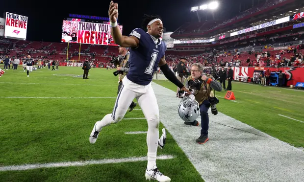 Dallas Cowboys cornerback Kelvin Joseph celebrates his team’s victory over the Tampa Bay Buccaneers. Photograph: Nathan Ray Seebeck/USA Today Sports
