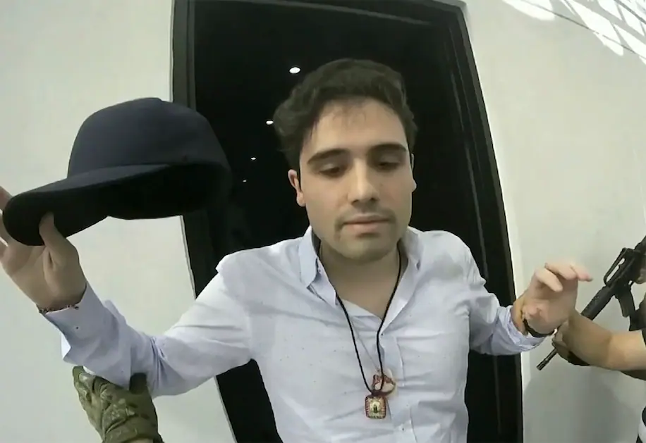 Ovidio Guzmán at the moment of his detention in Culiacan, Mexico, on Oct. 17, 2019, from video provided by the Mexican government. (CEPROPIE via AP)