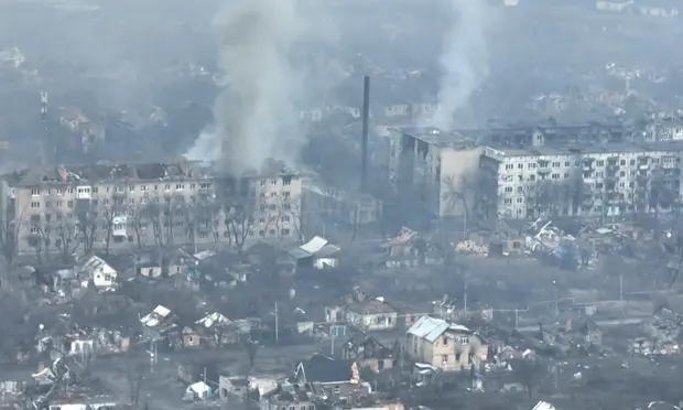 A video grab showing an aerial view of destroyed buildings in Bakhmut earlier this week. Photograph: AFPTV/AFP/Getty Images