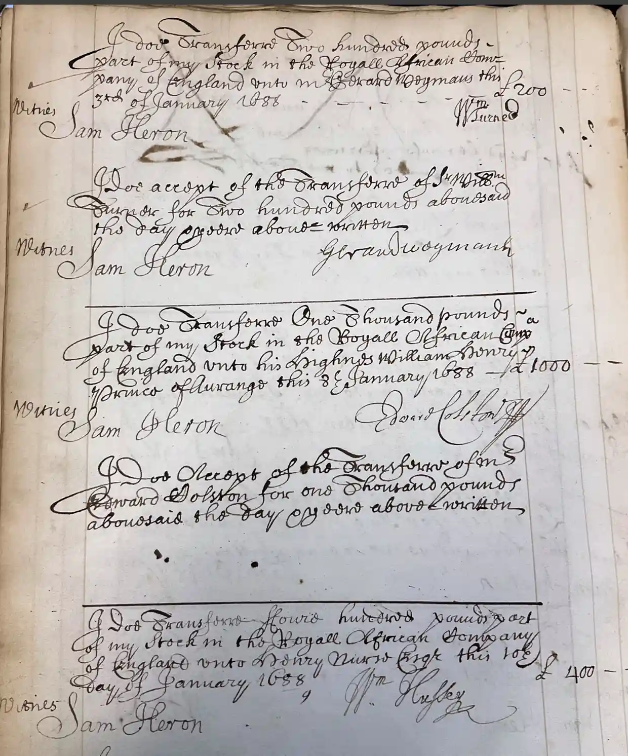 The document detailing the transfer of shares in the Royal African Company from Edward Colston to King William III. Click here to enlarge and save. Photograph: Brooke Newman/RAC archive/Public Record Office