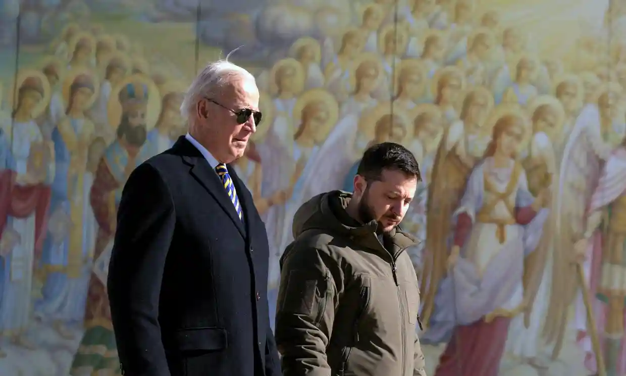 Joe Biden with Volodymyr Zelenskiy at St Michael’s Golden-Domed Cathedral in Kyiv in February. Kyiv has yet to comment officially on the leaks. Photograph: Reuters