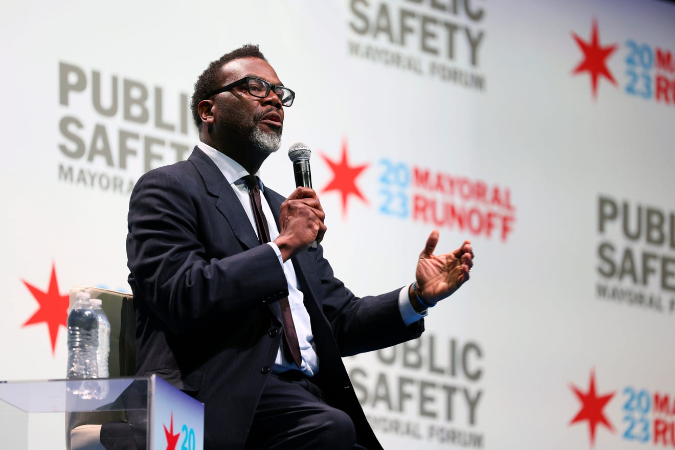 Chicago mayoral candidate Brandon Johnson participates in a public safety forum in Chicago, Tuesday, March 14, 2023.