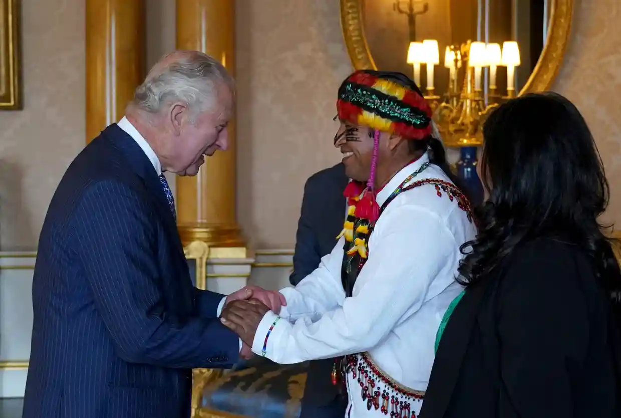 Charles receives indigenous elder Uyunkar Domingo Peas, spokesperson for the Sacred Headwaters of the Amazon, during an audience at Buckingham Palace. Photograph: Getty Images