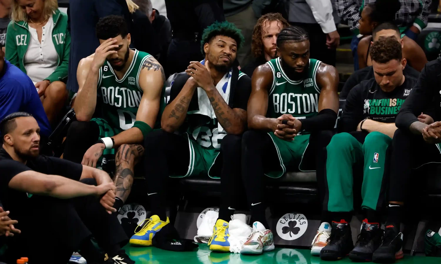 The Boston Celtics take in their loss to the Miami Heat in the Eastern Conference finals. Photograph: Winslow Townson/USA Today Sports