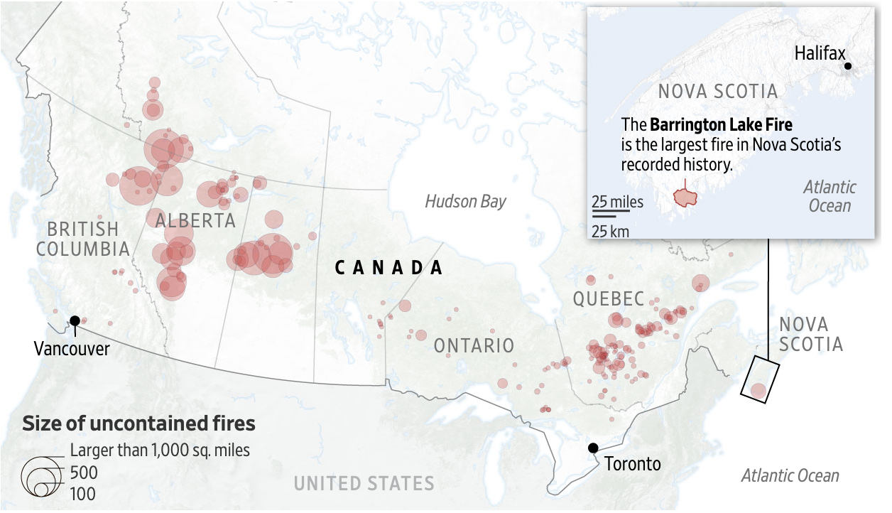 Note: as of 11:30 am ET June 6, 2023 Source: Canadian Interagency Forest Fire Centre Carl Churchill/THE WALL STREET JOURNAL