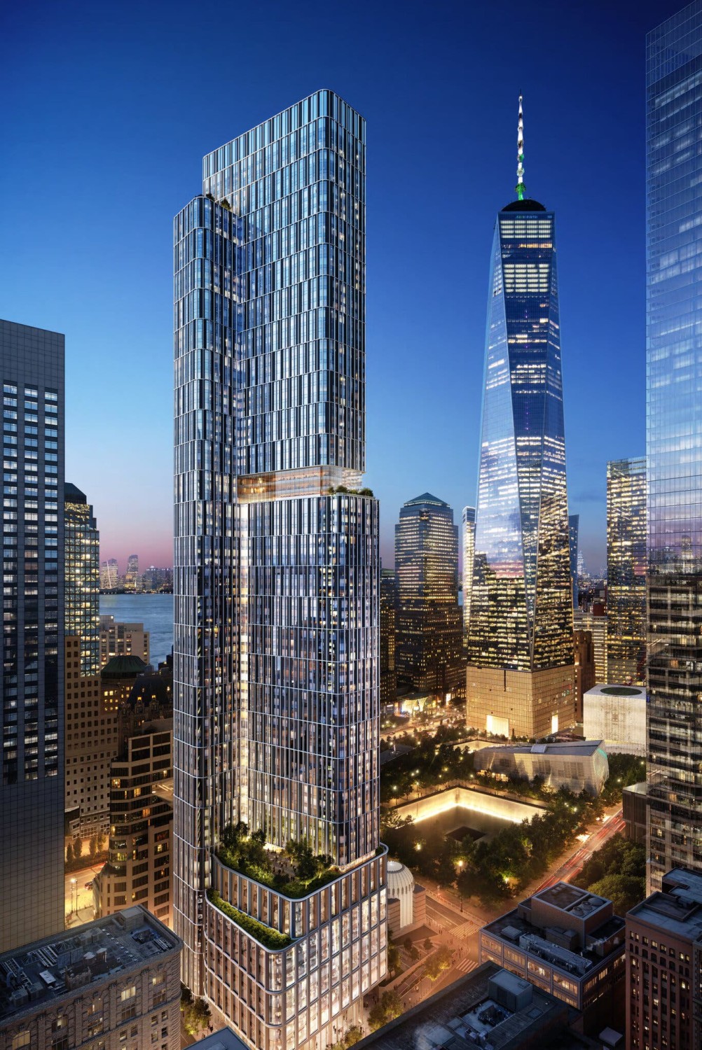 A rendering of a new tower planned for the World Trade Center campus, where a third of the apartments would be targeted at lower-income renters.Credit...New York Governor’s Office