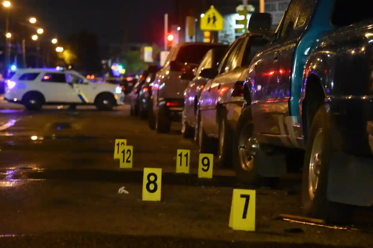 Evidence markers indicating shell casings after a mass shooting in Philadelphia, Pennsylvania, on 3 July 2023. Photograph: Kyle Mazza/SOPA Images/Shutterstock