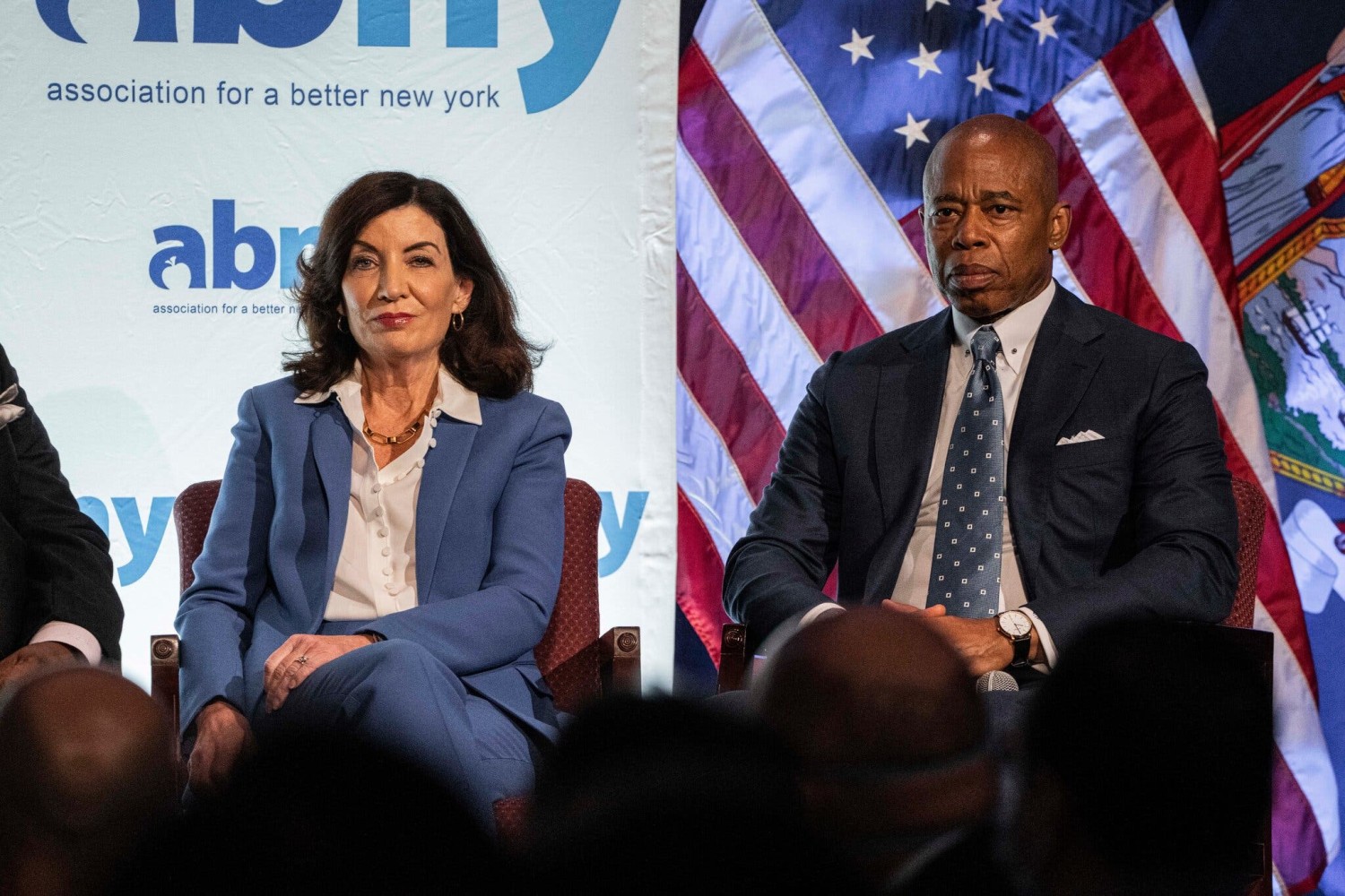 Gov. Kathy Hochul and Mayor Eric Adams last year. The two leaders seemed to turn on each other this week, each accusing the other of an inadequate response to the migrant crisis. Credit...Hiroko Masuike/The New York Times